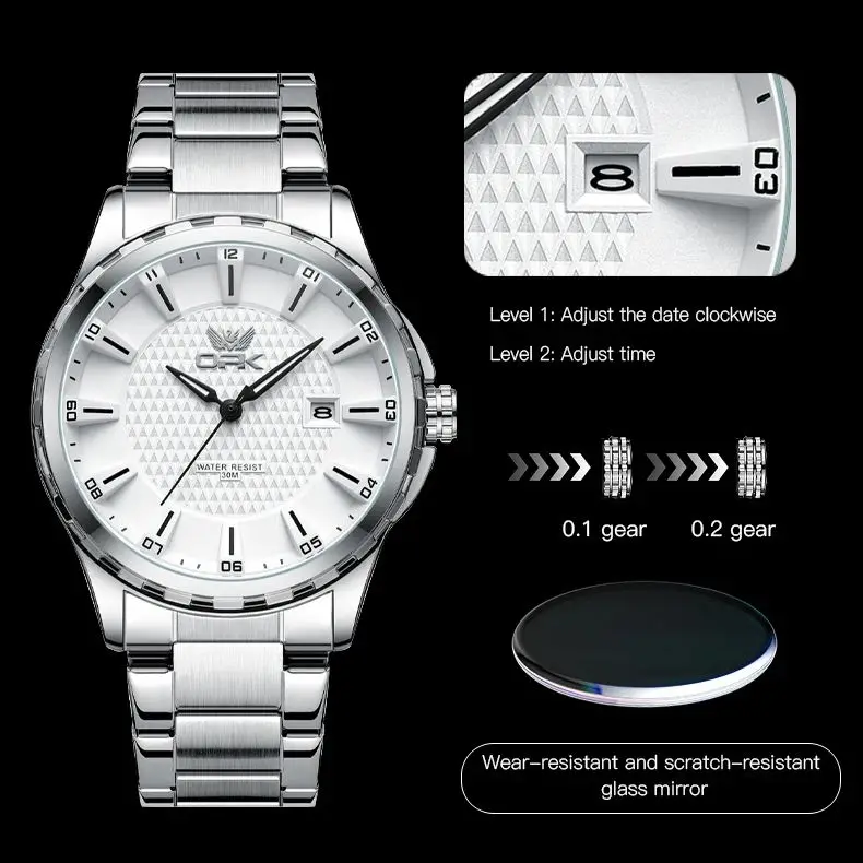 OPK Quartz Watch for Men Casual Watch Auto Date Stainless steel Strap Man Hand Clock