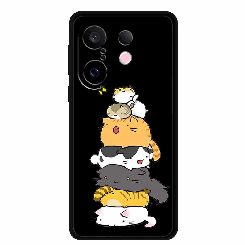 حافظة لهاتف Vivo X200 FE 5G مقاس 6.31 بوصة على شكل قطط لطيفة سوداء ناعمة من البولي يوريثان الحراري غطاء هاتف خلفي لهاتف Vivo S30 Pro حافظة كرتونية