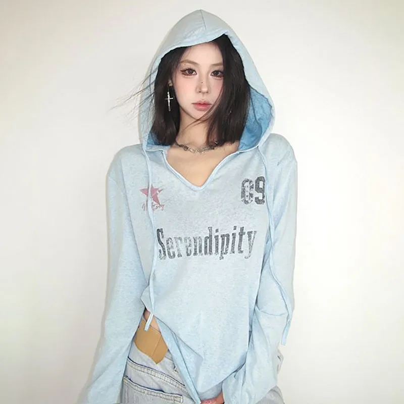 American Style Vintage Long Sleeved T-shirt Mottled Letter Print Hooded Tops Women Loose Sun Protection Thin Hoodie Sweatshirts