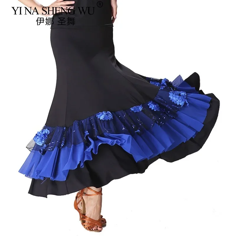 Women Flamenco Skirt Ballroom National Standard Dance Practice Dress Adult Modern Dance Tango Flower Embroidery Ruffle Skirt