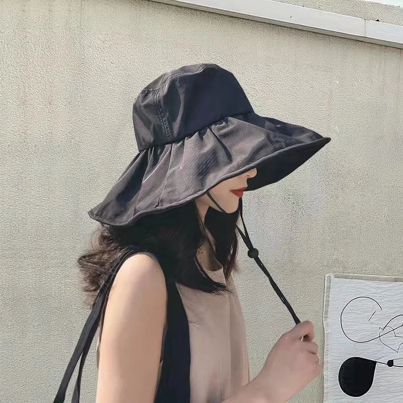 Women Black Coating Wide Brim Bucket Hat Foldable UV Protection Beach Fishing Outdoor Sun Cap