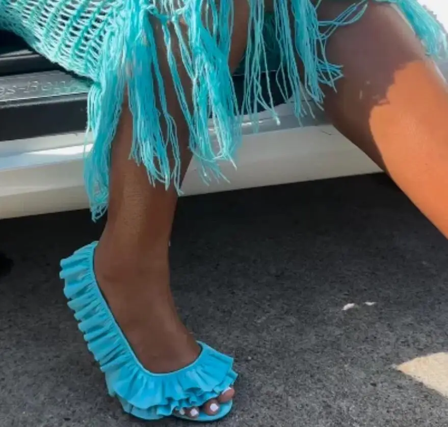 Pink Silk Double Ruffle High Heel Sandals Women Pink Blue Lacework Stiletto Heel Slip On Slingback Banquet Pumps Shoes