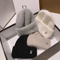 Lovely Bear Winter Beanies for Women Warm Real Rabbit Fur Knitted Hat Casual Lady Beanie Walking Bonnet Wool Skullies Caps