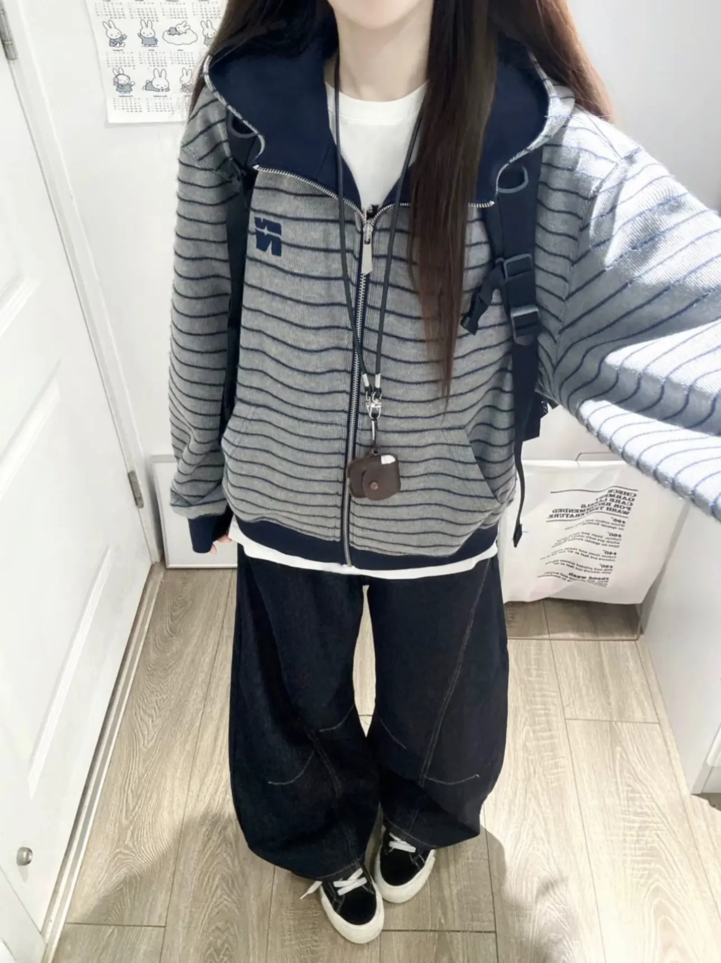 Retro American Striped Embroidered Open Cardigan Sweatshirt Women Loose Lazy Style Couple Hooded Spring Autumn Trendy Jacket