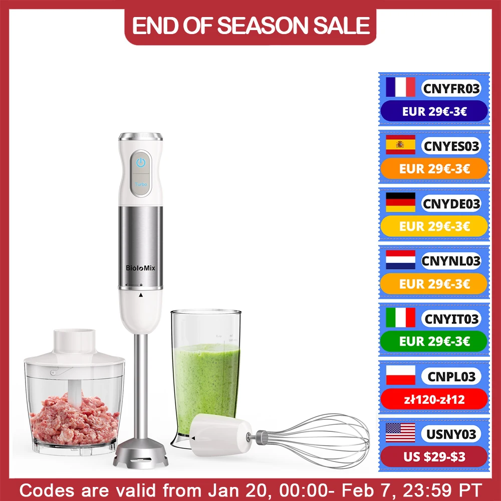 BioloMix 1000W 4-in-1 Immersion Hand Stick Blender Mixer Vegetable Meat Grinder 500ml Chopper Whisk 600ml Smoothie Cup