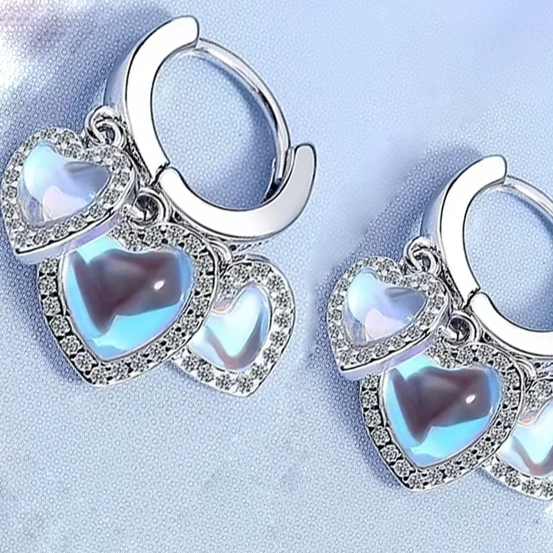 Heart Dangle Hoop Earrings for Women Girl Elegant Stamp 925 Sterling Silver Moonstone