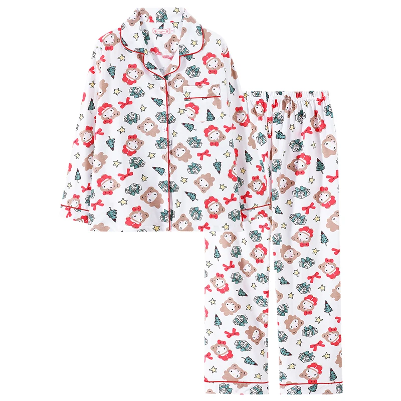 Kawaii Sanrio Hello Kittys Pajama Set Girls Long-sleeved Trousers Pure Cotton Pajamas Cute Christmas Tree Print Home Wear Set