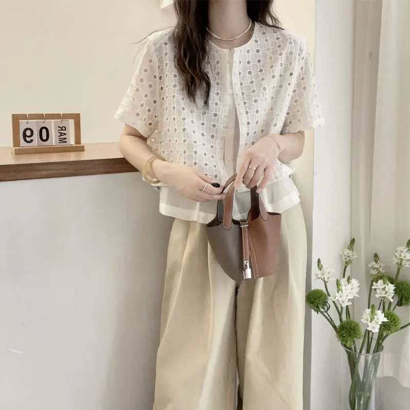 Female Clothing Fashion Hollow Out Blouse Summer Fake Two Pieces Spliced Korean Short Sleeve Loose Casual Single-breasted Shirt