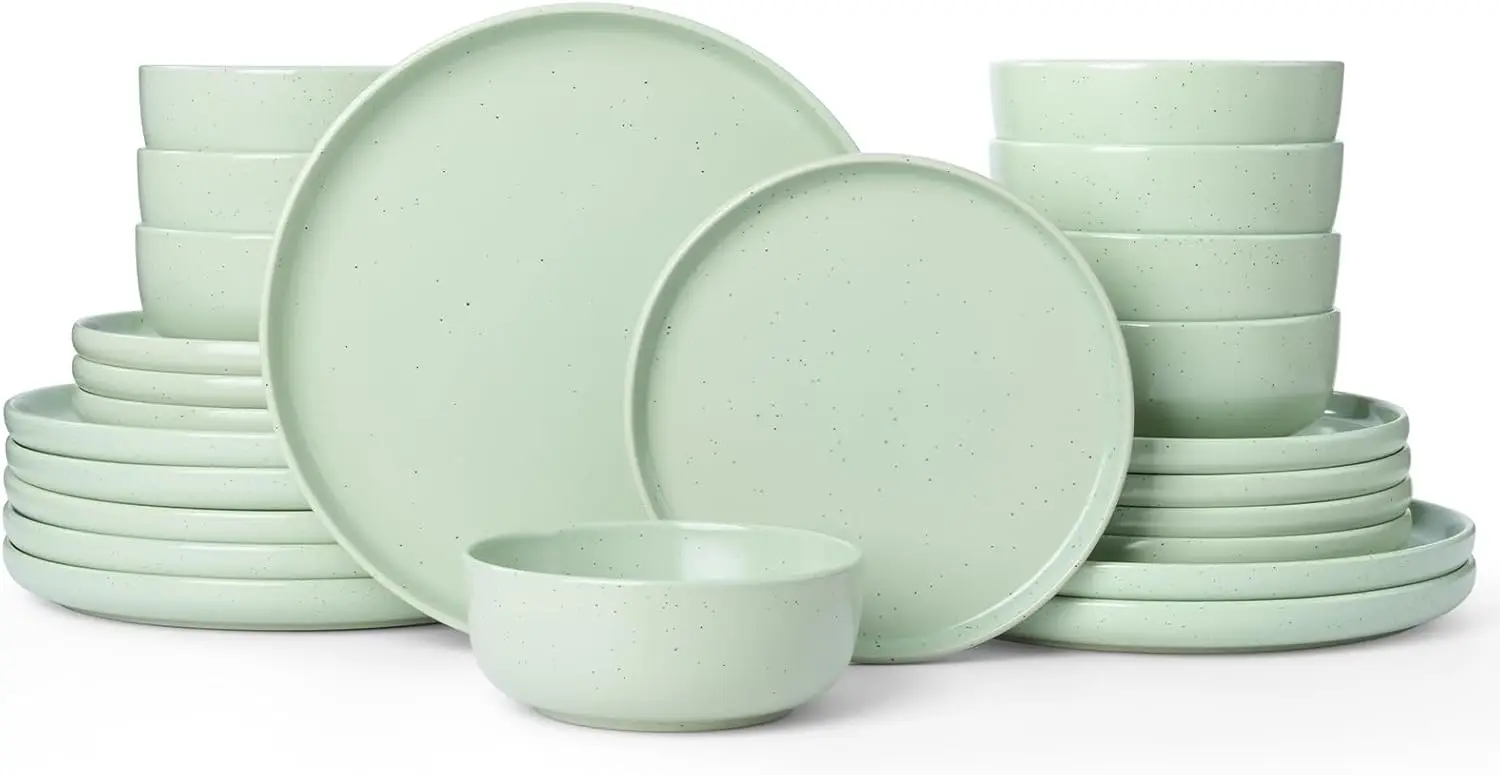 

Dawn 24 Pieces Dinnerware Set, Speckled Plates and Bowls Sets for 8, Matte Dish Set, Microwave and Dishwasher Safe, Light Green