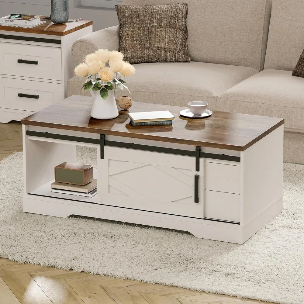 Mesa de centro retangular de fazenda com armazenamento para espaços vivos, mesa de jantar de 47,2 x 22 polegadas com porta deslizante de celeiro