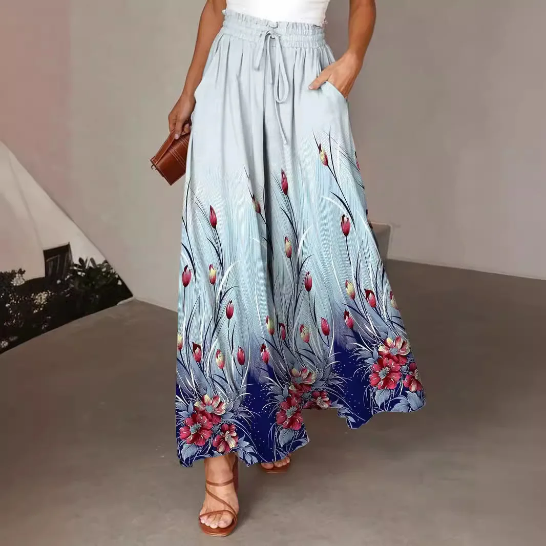 

Women's Spring/summer New Product Elegant Wind Blue Red Flower Printed Large Casual Pants