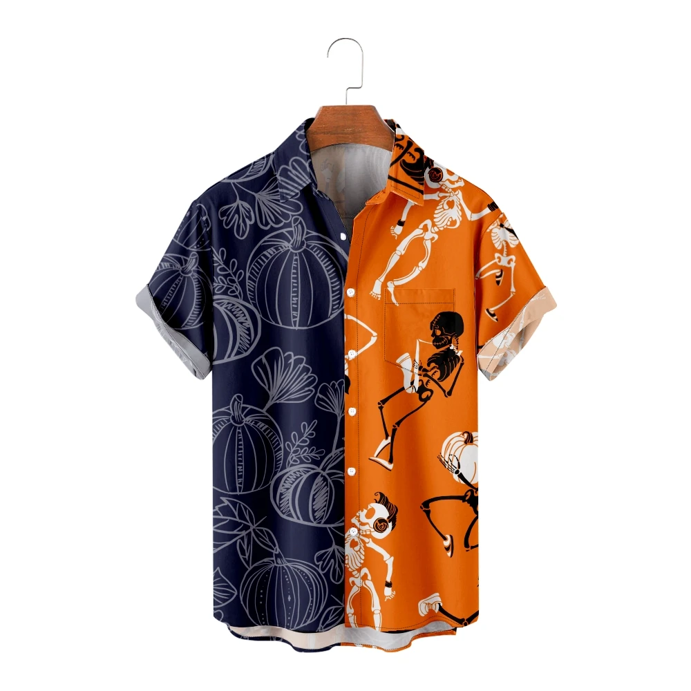 

Men's Casual Shirts Halloween Skeletons Print Patchwork Short Sleeve Shirts Cool Summer Tops Vintage Breathable