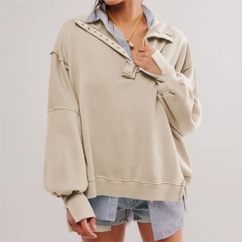 Frau Herbst Einfarbig Sweatshirt Mode Flip Kragen Lange Ärmel Der Saum Ist Unregelmäßige Hoodie Damen Elegante Taste Tops