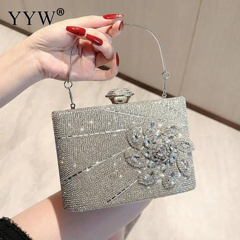 Fashion Rhinestone Floral Clutch Tote Bag Square Metal Top Handle Lady Wedding Bridal Messenger Purse Crossbody Shoulder Handbag