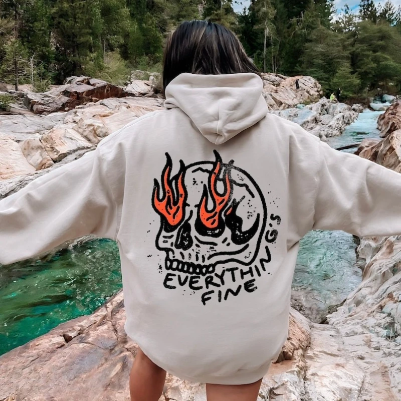 

Толстовка Everything's Fine с винтажным рисунком и черепом, унисекс, толстовка со скелетом, мягкая удобная осенне-зимняя термотолстовка