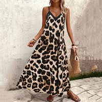 Women Leopard Print Vacation Beach Maxi Dress Casual Loose V Neck Sleeveless Khaki Streetwear Boho Long Dresses  Ropa De Mujer