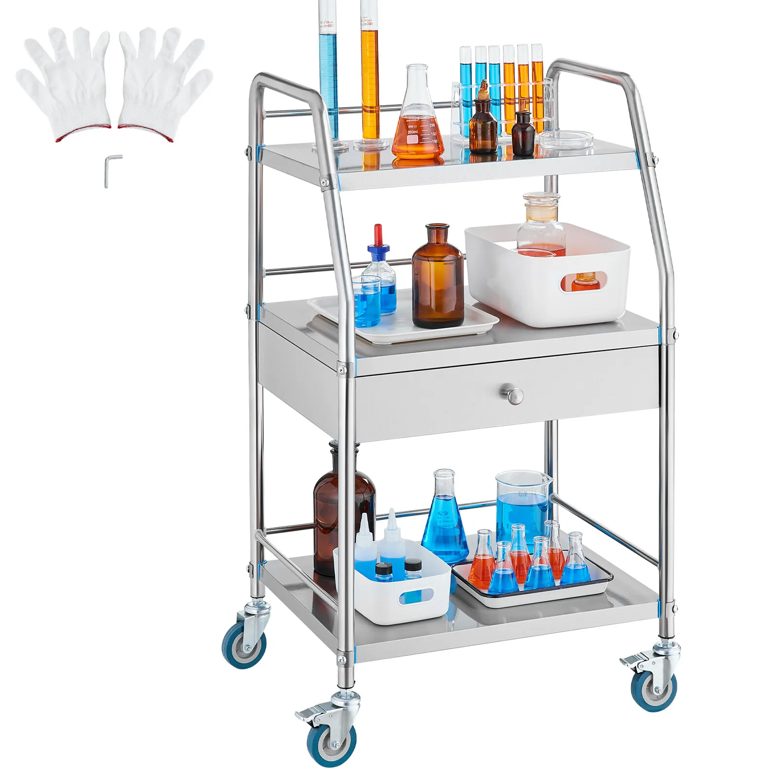 Lab Rolling Cart Medical Dental Mobile Trolley Serving 3 Tiers Drawer