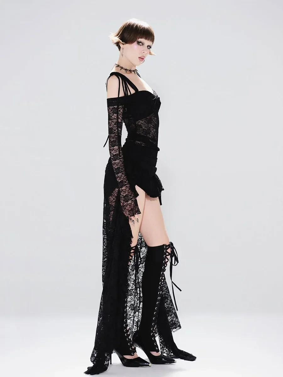 IMU Gothic Black Lace Trail Dress for Woman Bandage Corset Long Sleeve See Through High Low Bodycon Dress Alt Dark Clo