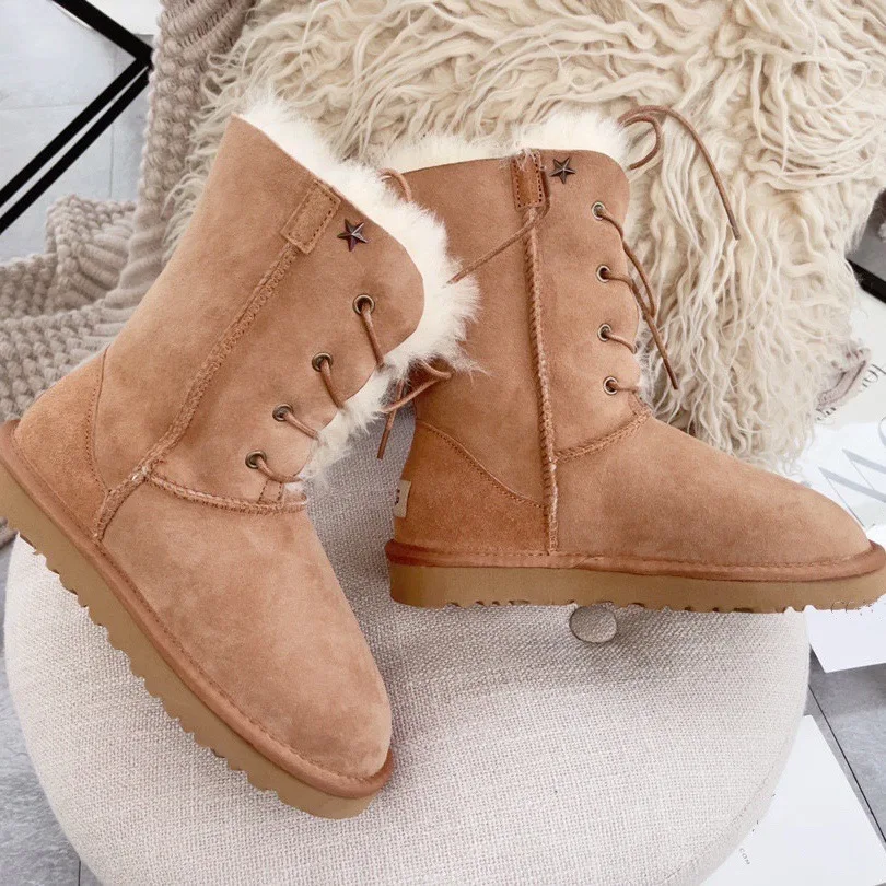 Sheepskin Leather Fur Snow Boots Winter 2023 Women Real Wool Boots Warm Thickened Cotton Mid-calf Lace-up Goddess Boots