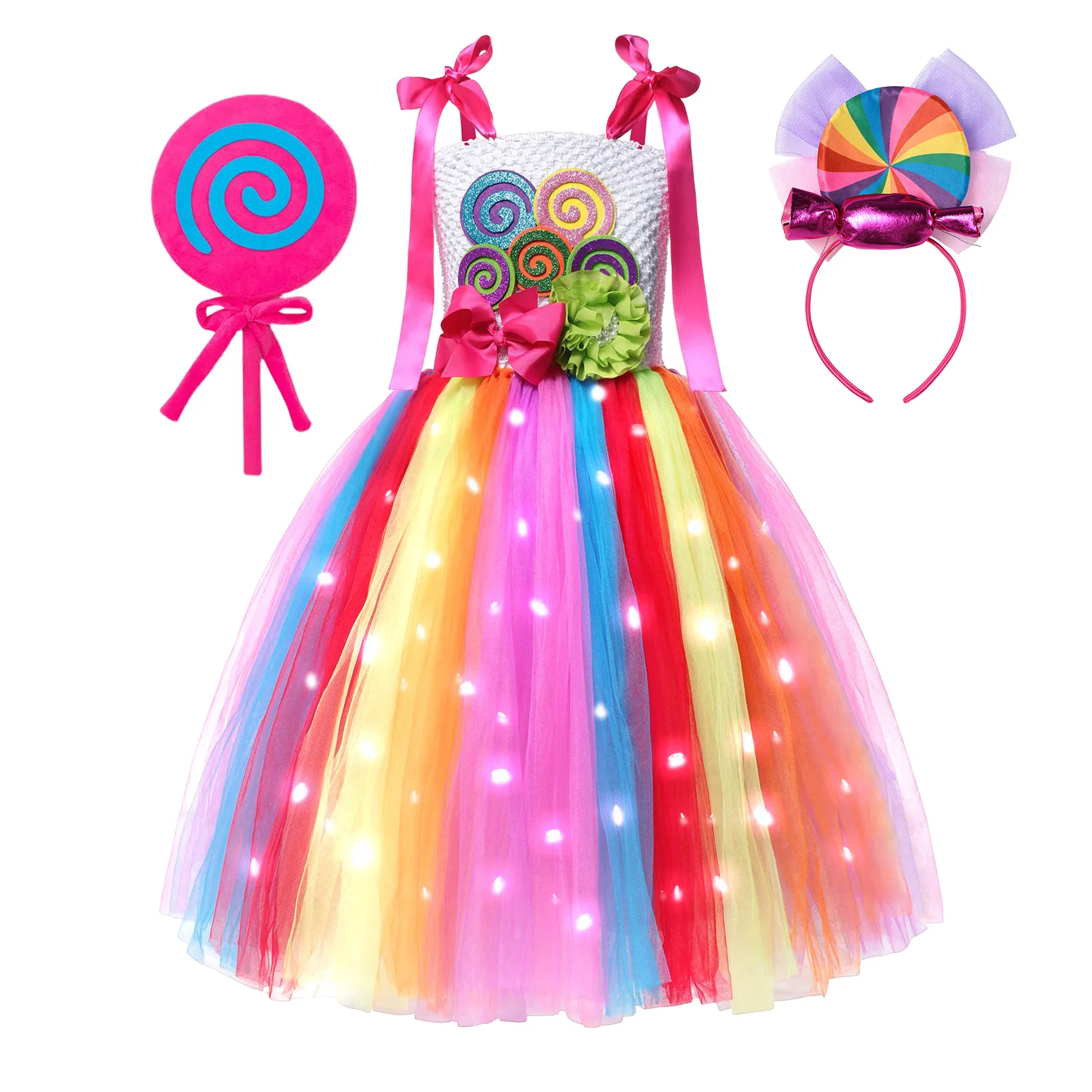 Toddler Birthday Party Rainbow Tutu Dress with Glowing LED Light Girls Carnival Purim Lollipop Illuminated Cosplay Costume