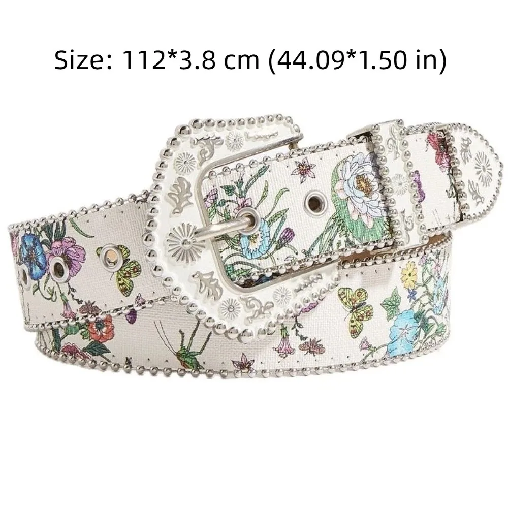 Elegant Flower Floral Belt Printed Korean Style PU Leather Waistband Dress Decor Y2K Girl Retro Waistband Daily