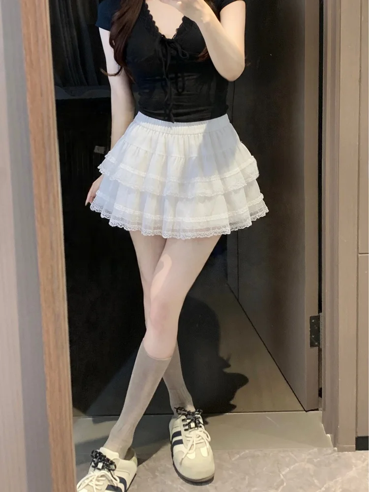 バレエスタイルふわふわショートスカート女性のハイウエスト痩身レーストリム-a-ラインスカート夏の新デザインカジュアルケーキスカート