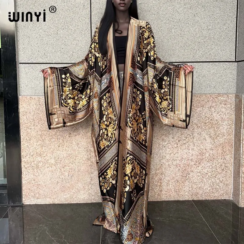 WINYI Kimono kobiety lato nowy nadruk sweter z długim rękawem bluzka damska luźna abaja Casual okrycie plażowe sukienka boho imprezę kaftan