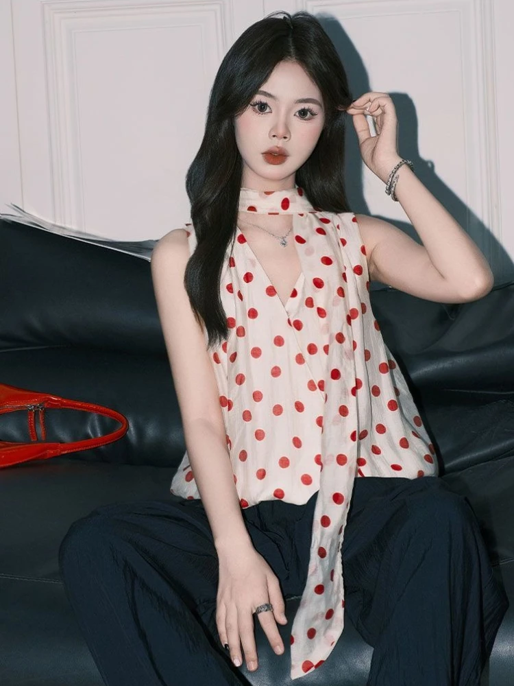 

Parisian Chic Polka Dot Halter Neck Camisole Blouse Summer New Oversized Loose Sleeveless Chiffon Top Fashion Women
