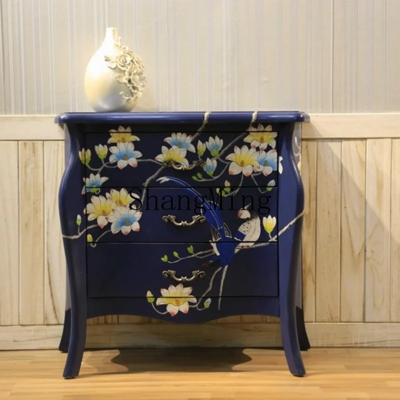 

ZYY household solid wood blue hand-painted bedside table corner phone table storage decorative cabinet