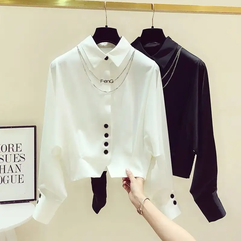 Elegant Chic Short Shirt Tops Spring New Long Sleeve Polo Neck Solid Button Fashion Blouse Temperament Korean Women Clothing