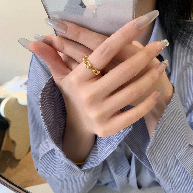 2024 Fashion Geometric 18K Gold Color U-shape Stitching Thick Chain Ring 316L Stainless Steel Woman Man Couple Ring Jewelry