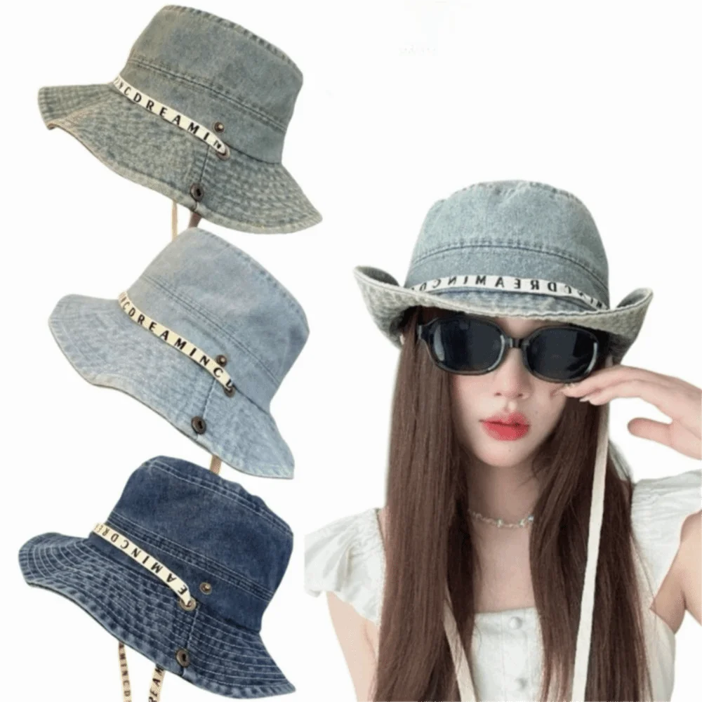 

Retro Denim Bucket Hat Large Brim Breathable Cowboy hiking hat with Letter Tie UV Protection Sunscreen Hat