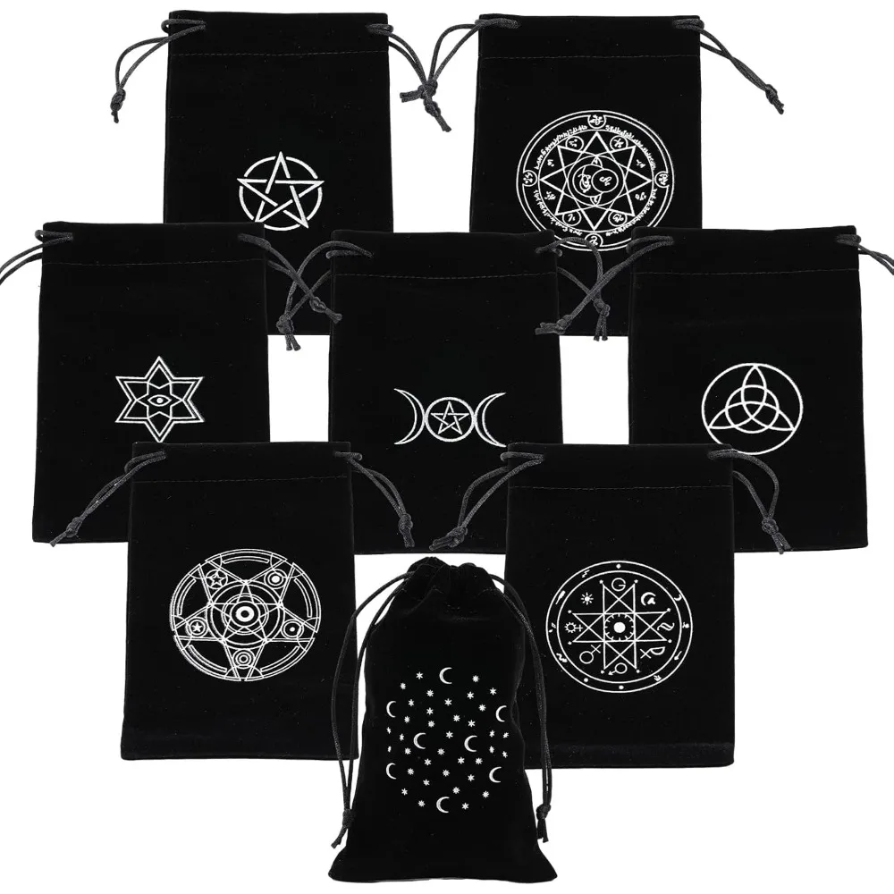 8Pcs 8Styles Tarot Cards Fabric Bag Rectangle Black Velvet Craft Drawstring Bags Tarot Cards Storage Pouches for Playing Cards