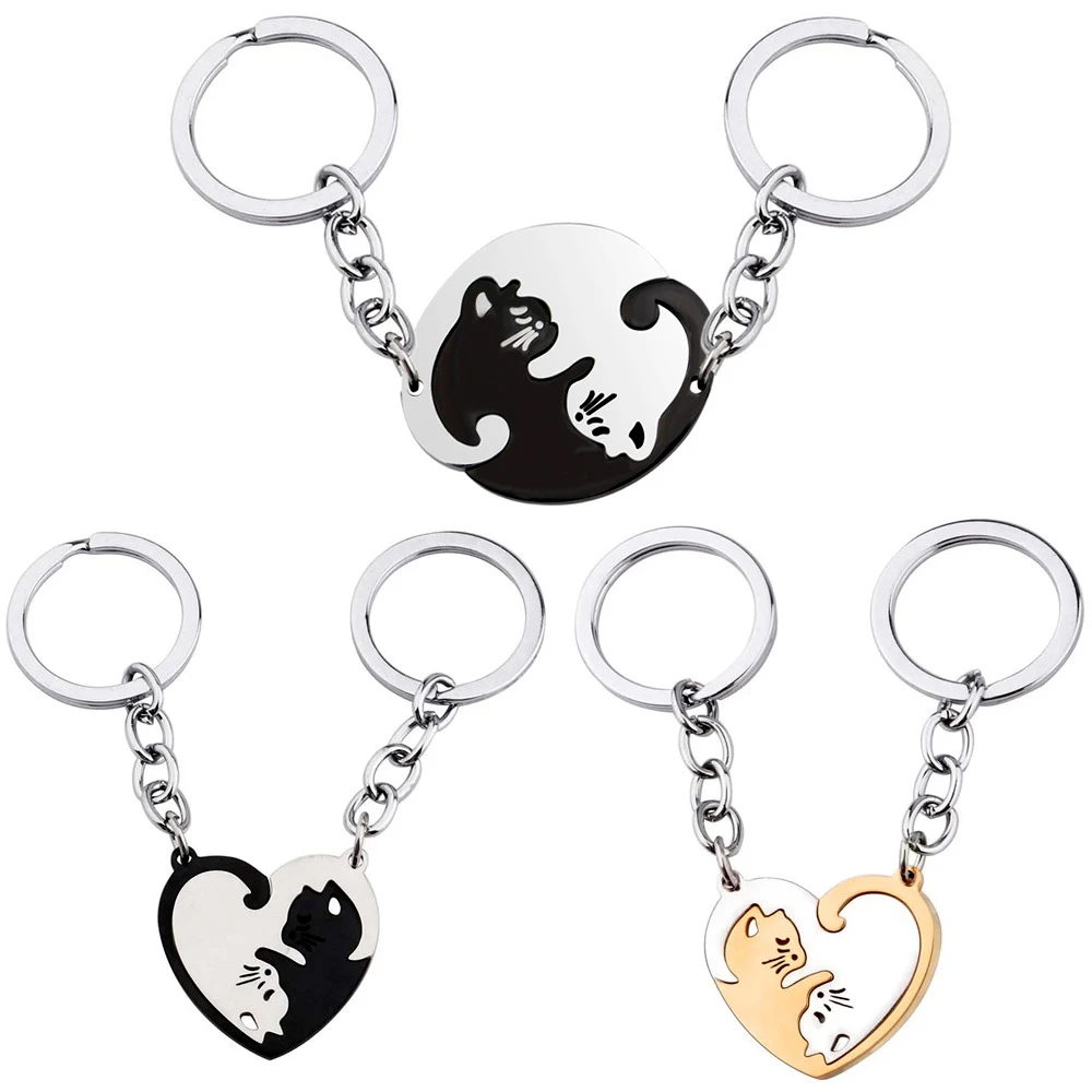 Valentine's Day Gift Matching Yin Yang Cat Couple Keychain Stainless Steel Lovers Key Rings Accessories