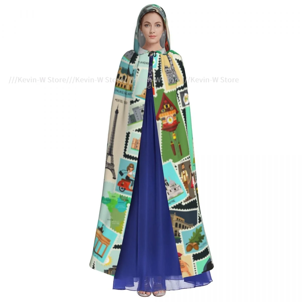 Unisex Witch Party Reversible Hooded Adult Vampires Cape Cloak Postage Stamps Pattern