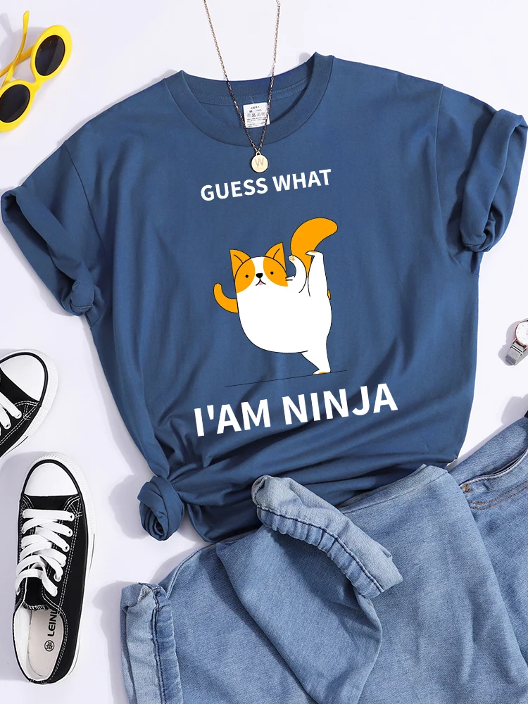 Guess What I Am Ninja Kawaii Cat Tshirts Women'S Street Cool T-Shirts Personality Hip Hop Clothes Sport Casual Crop Top Female