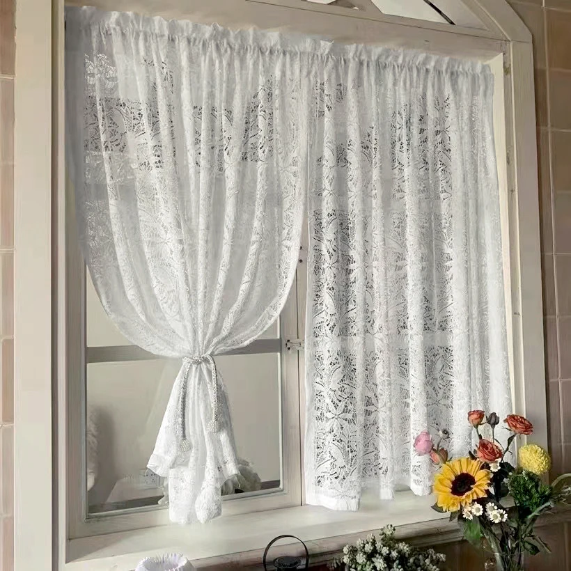 2PC White Lace Jacquard Tulle Short Curtains for Kitchen Cupboard Half Curtain Coffee Door Drapes Decor