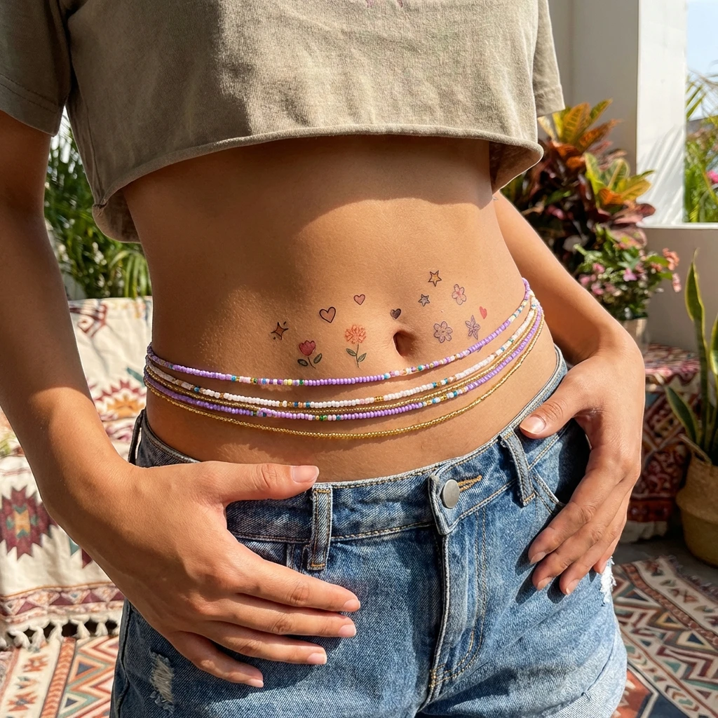 Böhmische Lila Taillenketten für Frauen Y2K Ästhetik Elastisches Bauchketten-Set Sommer Strand Sexy Körperschmuck Accessoires Geschenk – Detail 8