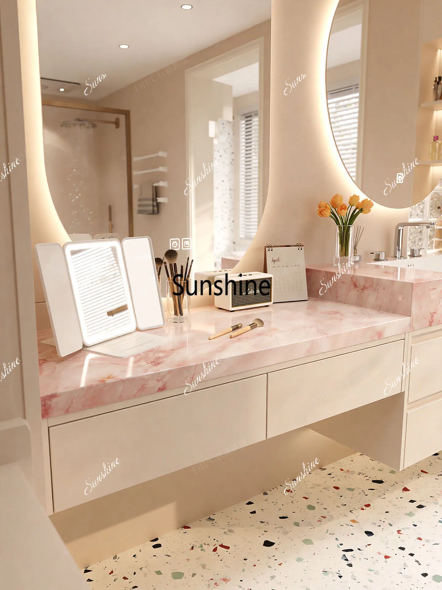 Bathroom cabinet combination hotel wind rock slab seamless ceramic basin customization