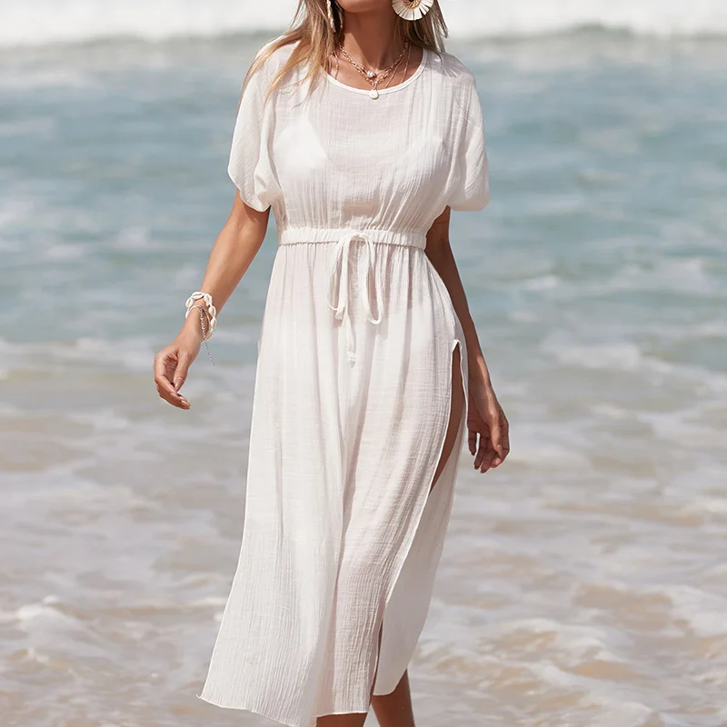 2024 Beach Pareo for Women White Dress Beach Holiday Dress Women Beach Cover-up Swimsuit Beachwear Summer Bikini Cover Up Kaftan