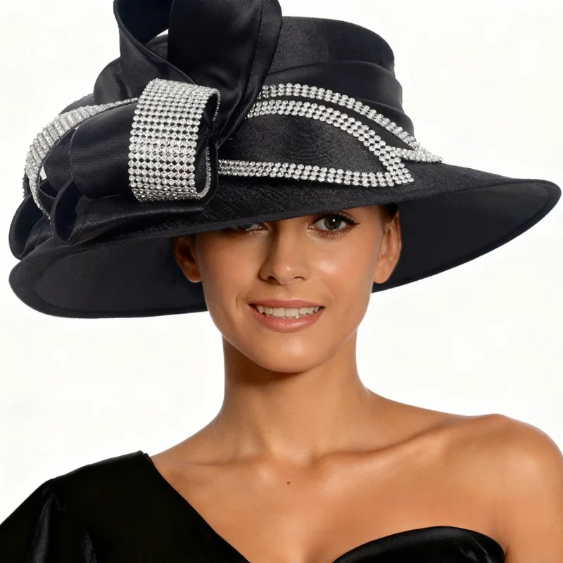 Fashion Exaggerated Wide Brim Hat Jockey Club Tea Party Top Hats Banquet Church Formal Satin Caps with Rhinestone Ribbon