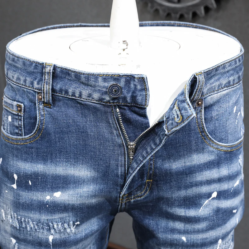 Fashion Trendy Vintage Men Jeans Retro Blue Elastic Stretch Skinny Painted Ripped Jeans Men Patched Designer Denim Pants hombre