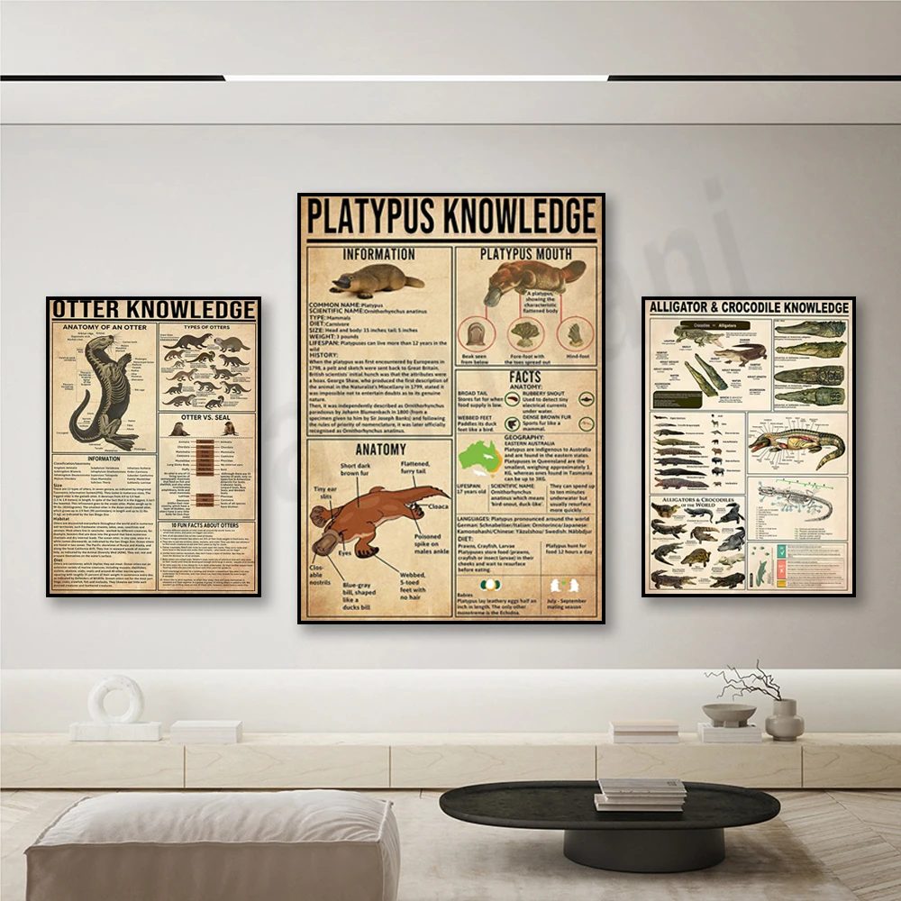 Otter information poster, crocodile information print, platypus information poster, platypus art, educational wall decoration