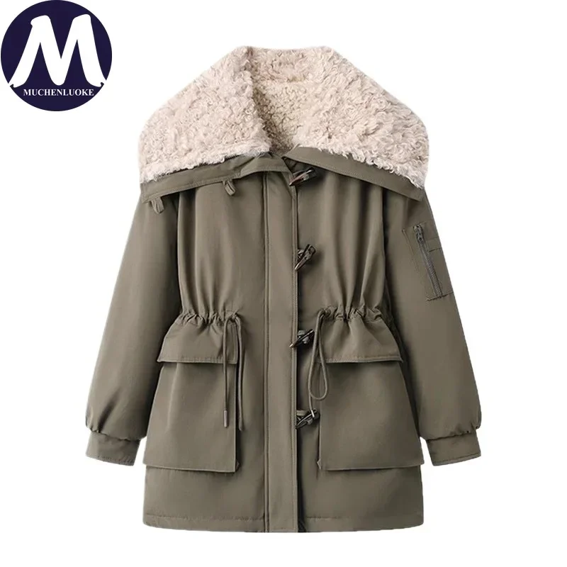 سترة شتوية نسائية أنيقة بأكمام طويلة وياقة من الفرو ودفء سميك على الموضة الكورية معطف سترة فضفاض واسع وطية صدر السترة #6