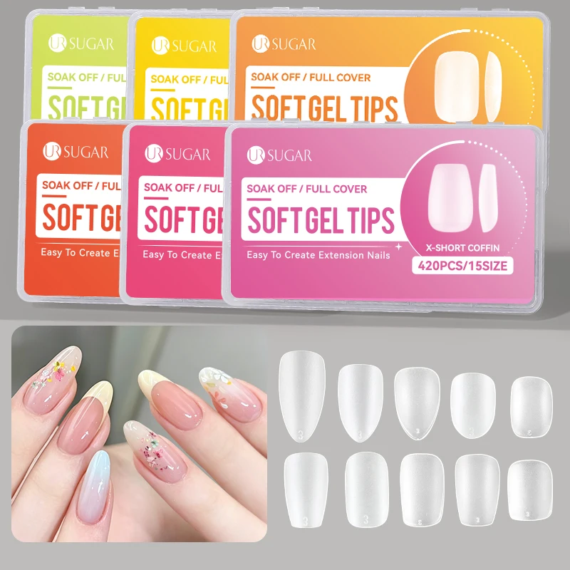 UR SUGAR 420PCS Full Cover Press On Nail Tips Almond Square Coffin French Soft Gel Tips False Fake Soak Off Gel Nail Extension