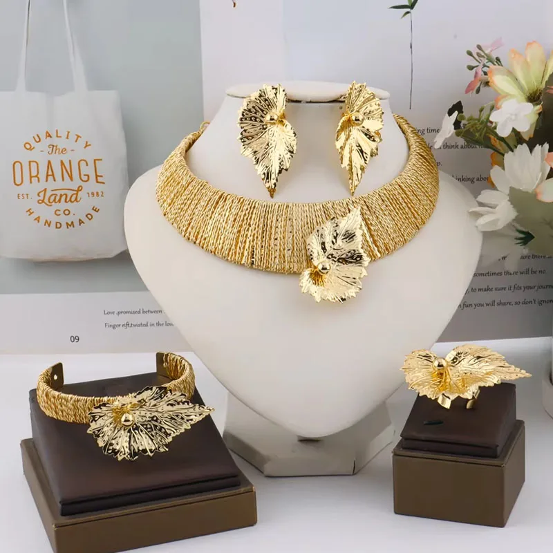 

YM позолота, 4 шт., комплект ювелирных изделий для лесной королевы, роскошная свадебная вечеринка, браслет в виде листьев, кольцо, серьги, ожерелье, модные аксессуары