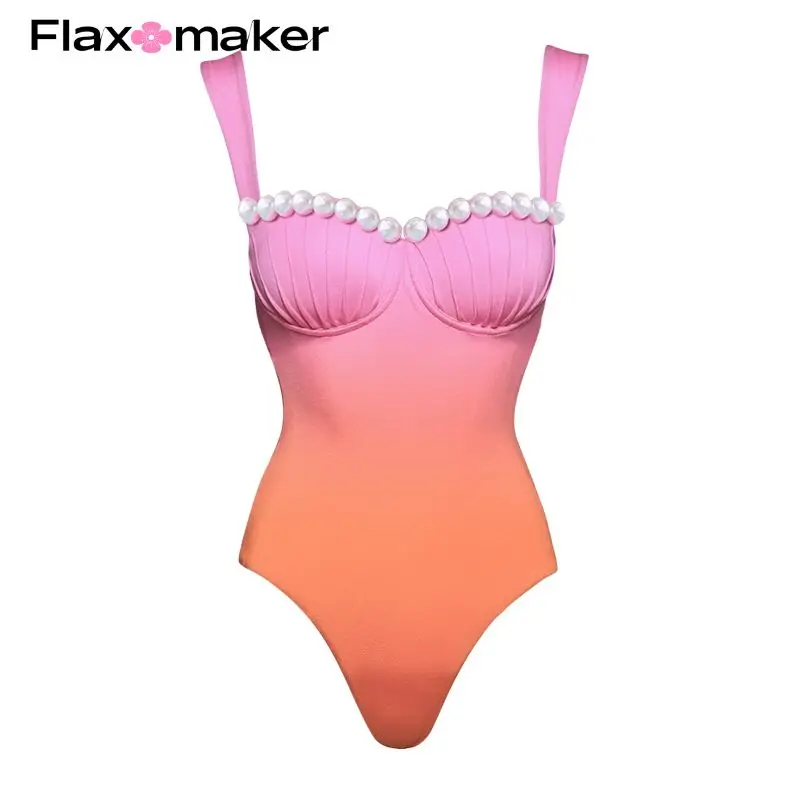 Flaxmaker Pearl Beaded Push up Wedding One Piece Swimsuit Swimwear Beachwear Luxury Bathing Suit Bodysuit Clearance Wholesale