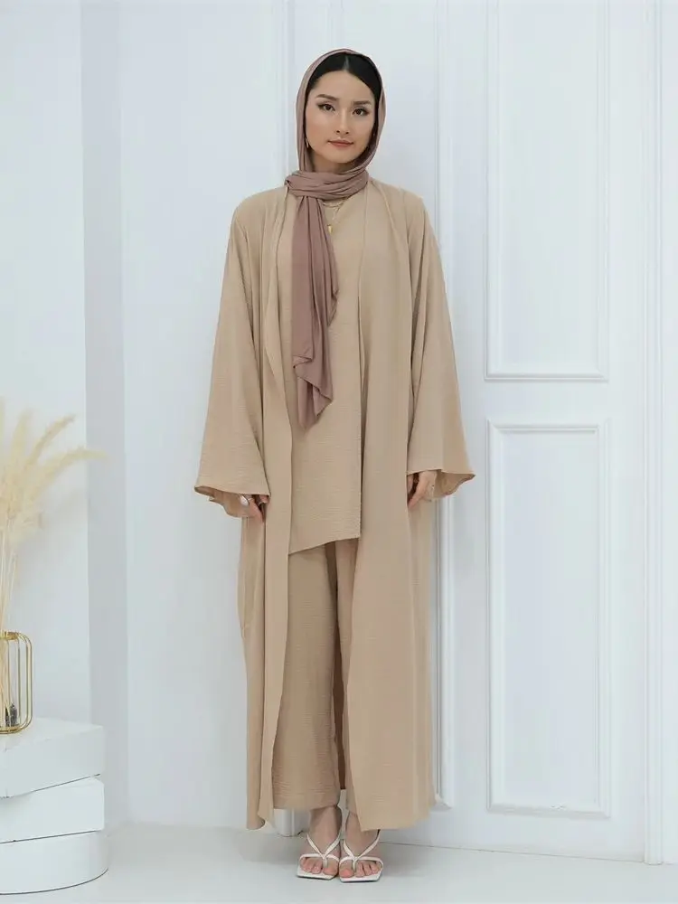 Eid Dubai Plain 3 Piece Abaya Set Tops Pants Modest Muslim Sets Abayas For Women Robe Caftan Marocain Femme Musulmane Kaftan