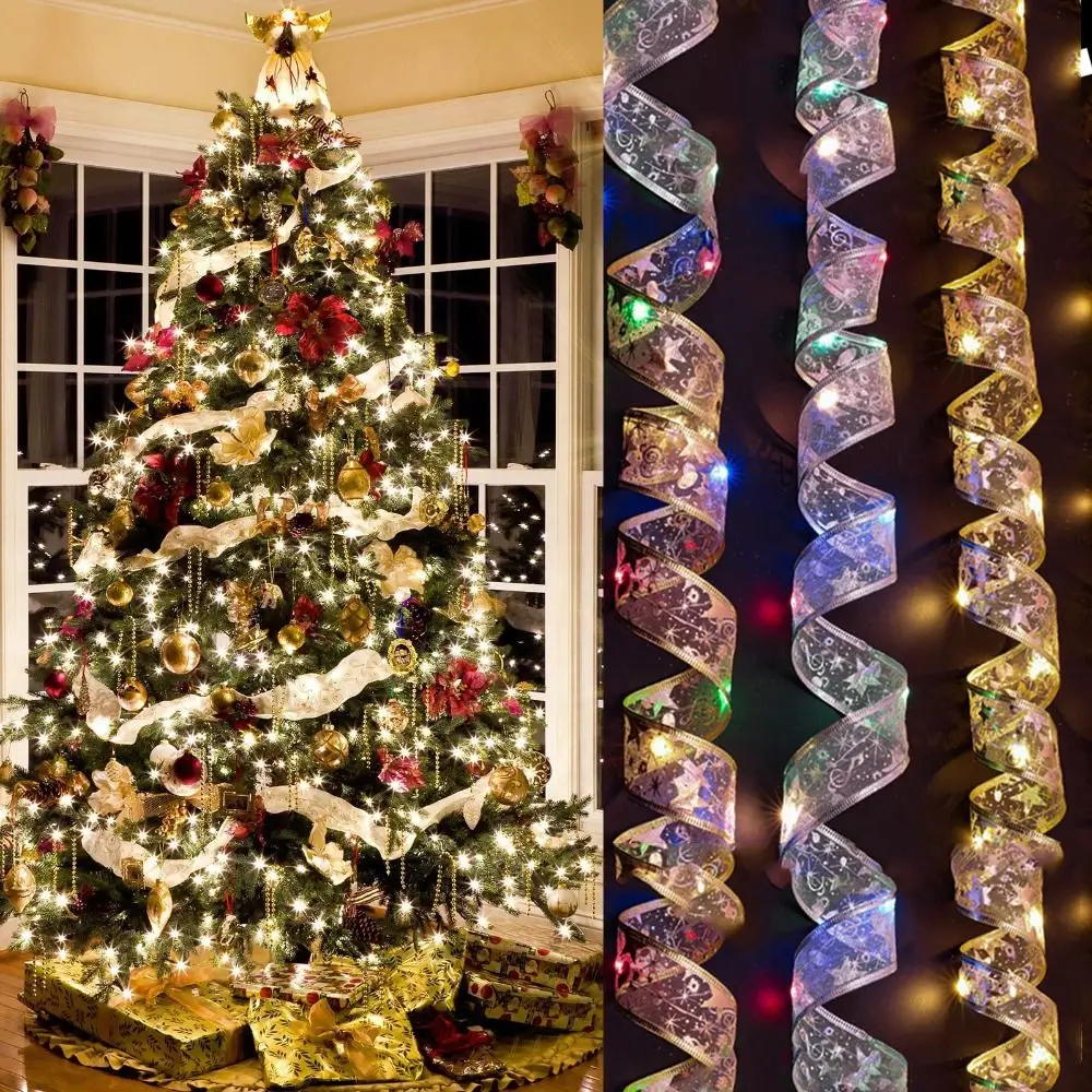 

5/10M Christmas Ribbon String Light Lace Bows DIY Ribbon Lights Ornaments 50/100LED Decorative Christmas Decoration Light