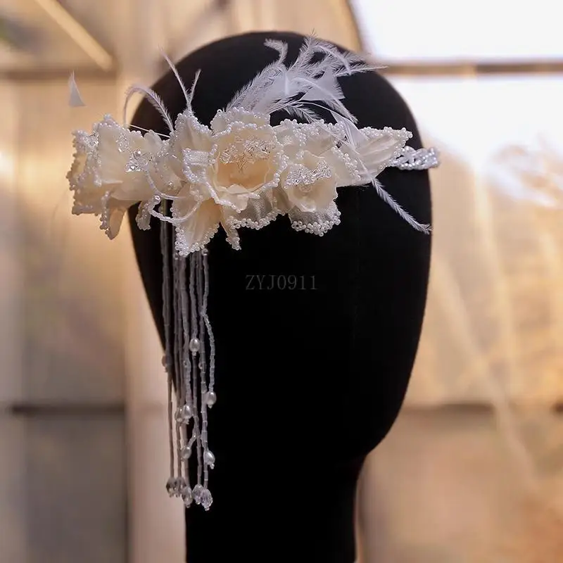 フレンチレトロシルクフラワービーズフリンジヘッドバンドブライダルウェディングドレスヘアアクセサリー